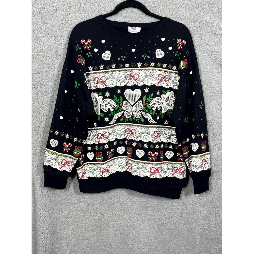 Vtg Nutcracker Sweatshirt Women M Black Hearts Bows Ugly Christmas Sweater